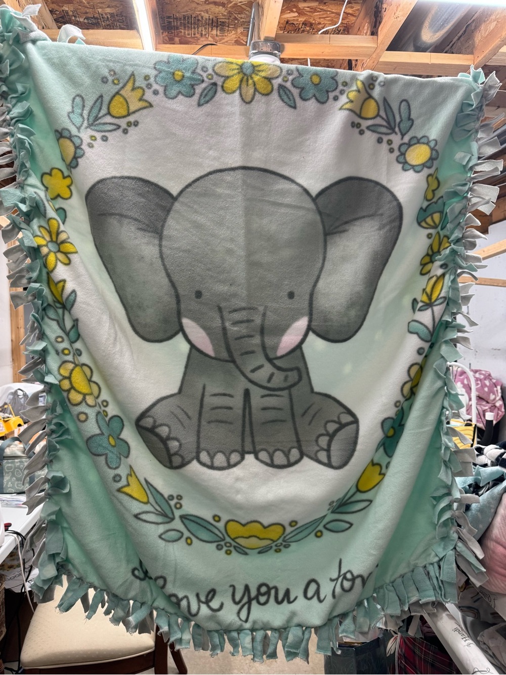 Baby Elephant Tie-Knot Fleece Throw Blanket - Mint Gray Yellow